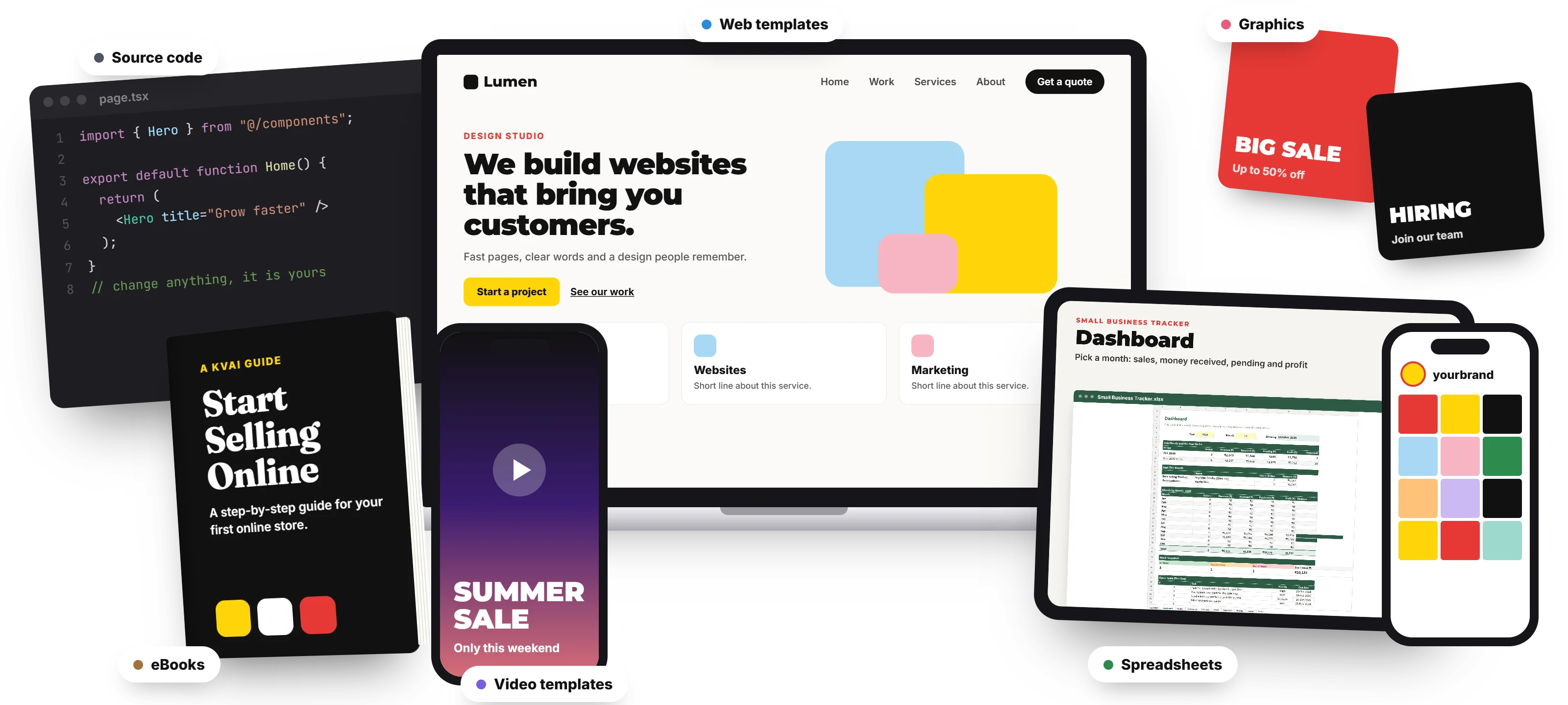Web templates, source code, an eBook, video templates, graphics and spreadsheets from KVai Templates